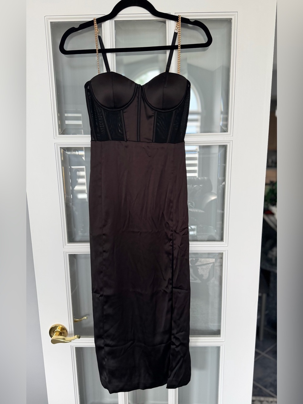 Meshki Black Satin Strapless Bustier Midi Dress with Gold Chain Straps
